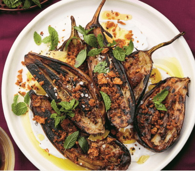 Long Roasted Eggplant With Garlic And Labne And Tiny Chile Croutons