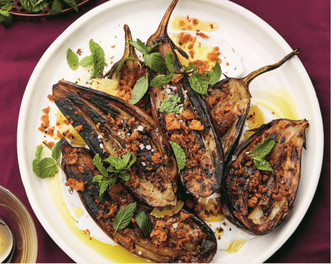 Long Roasted Eggplant With Garlic And Labne And Tiny Chile Croutons