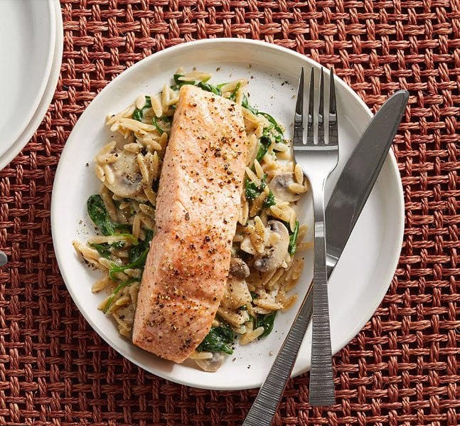 Salmon And Creamy Orzo With Spinach And Mushrooms