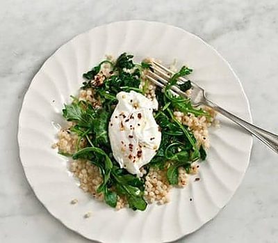 Sauteed Escarole With Toasted Pearl Couscous And Poached Eggs