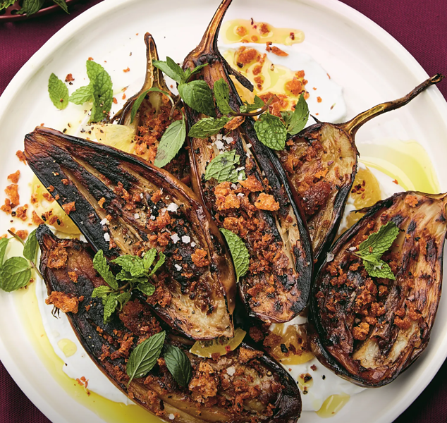 Long Roasted Egg Plant With Garlic And Chile Croutons